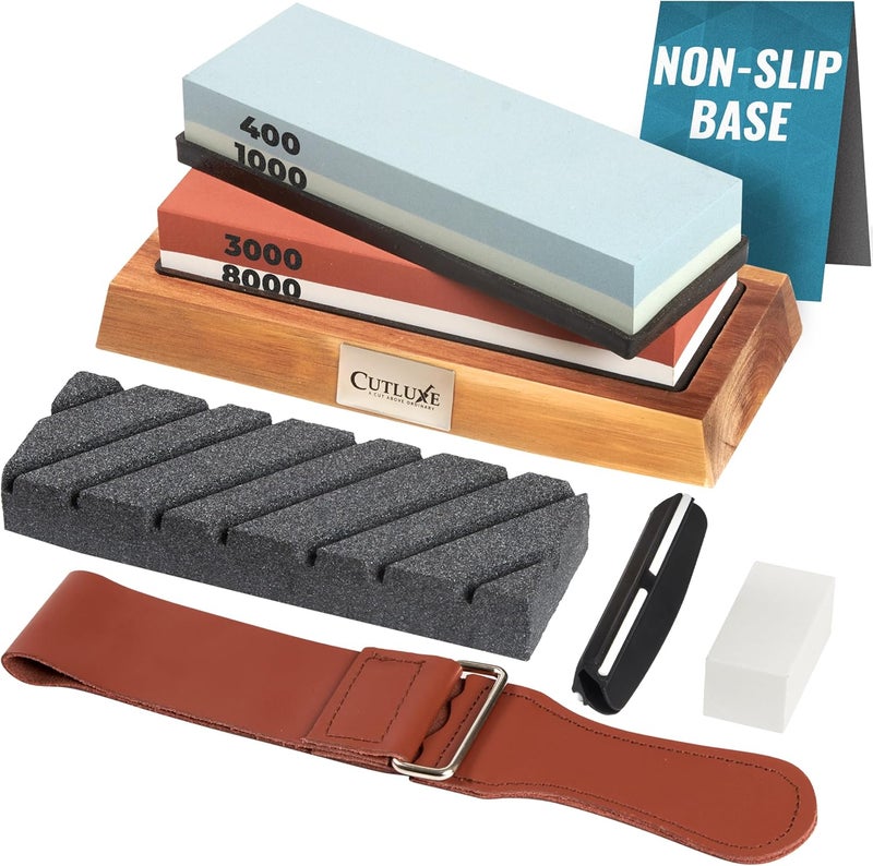 Cutluxe Whetstone Knife Sharpener – Sharpening Stone Kit, Professional 4 Side Grit 400/1000/3000/8000, Non Slip Acacia Wood Base, Angle Guide, Black Flattening Stone, Leather Strop - Image 1